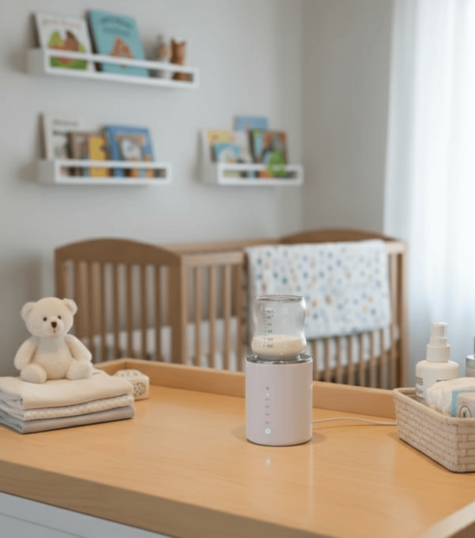 Rechargeable baby milk warming device shown with bottle