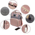 Baby changing backpack with portable crib showing waterproof fabric, USB port and storage pockets