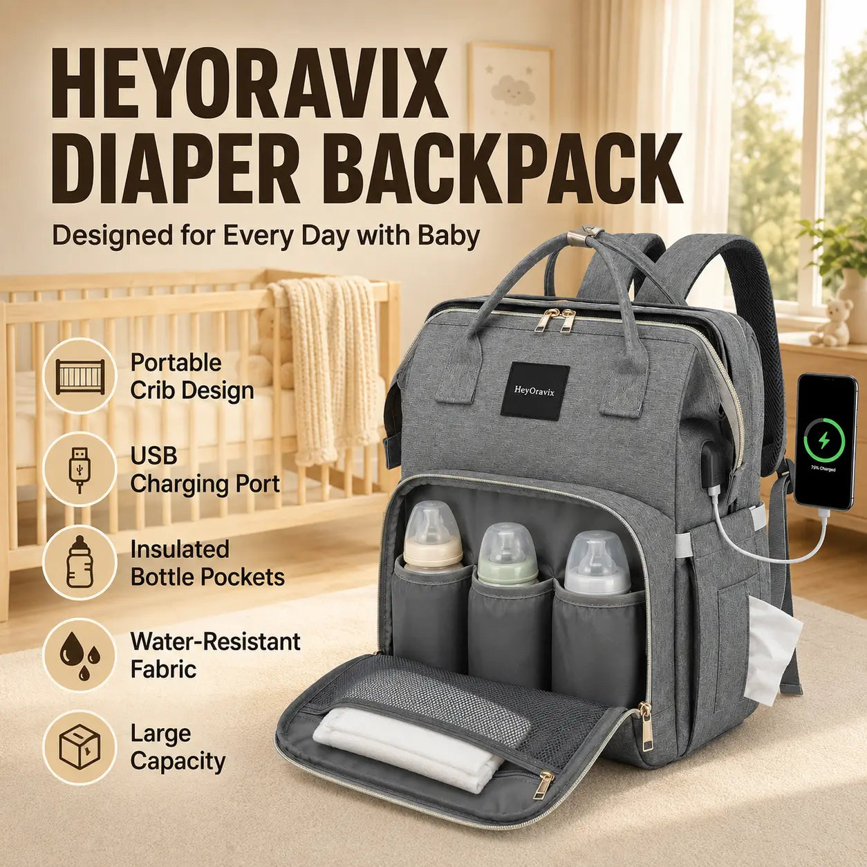 Heyoravix grey convertible diaper backpack key features