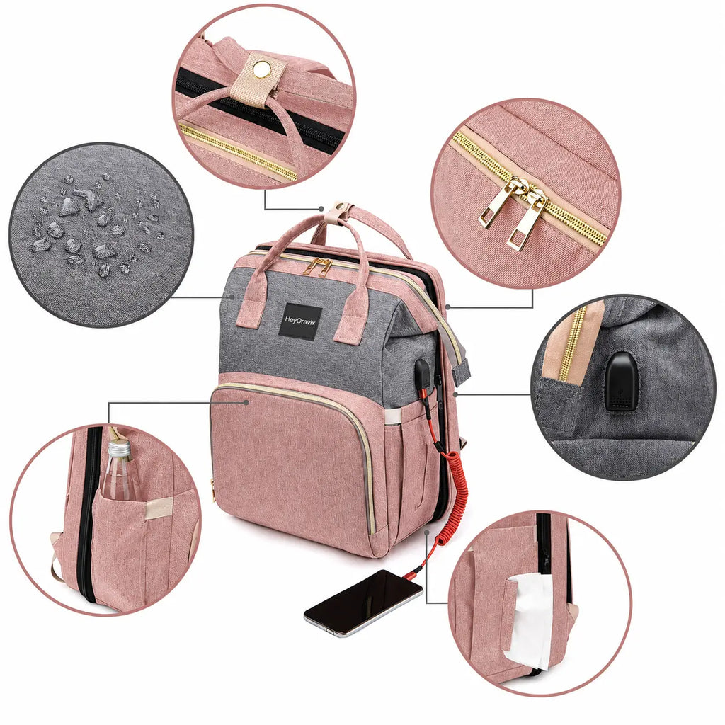 Heyoravix pink and grey convertible diaper backpack features